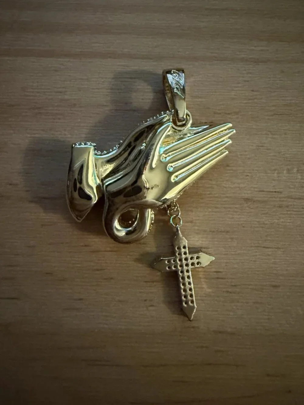 GLD Iced Praying Hands with Cross Pendant in Yellow Gold 18k Gold Plated CZ